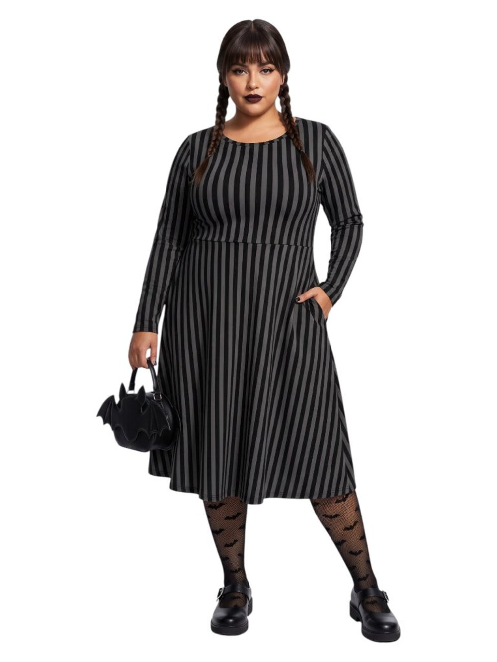 Plus Size Gothic Grey Stripe Long Sleeve Fit & Flare Midi Dress
